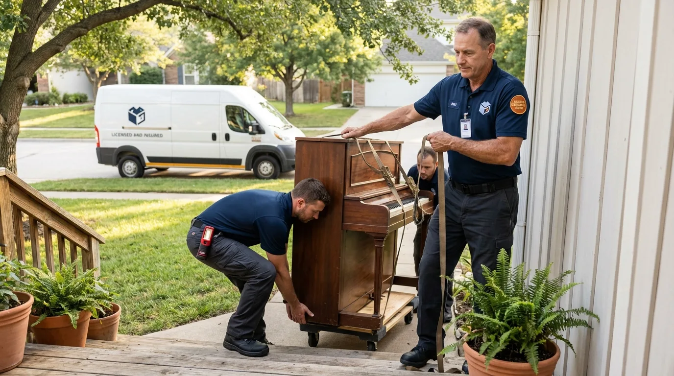 Licensed piano movers securing grand piano in Coto Laurel, PR