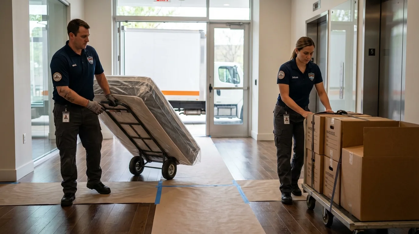 Professional apartment movers loading elevator in Coto Laurel, PR