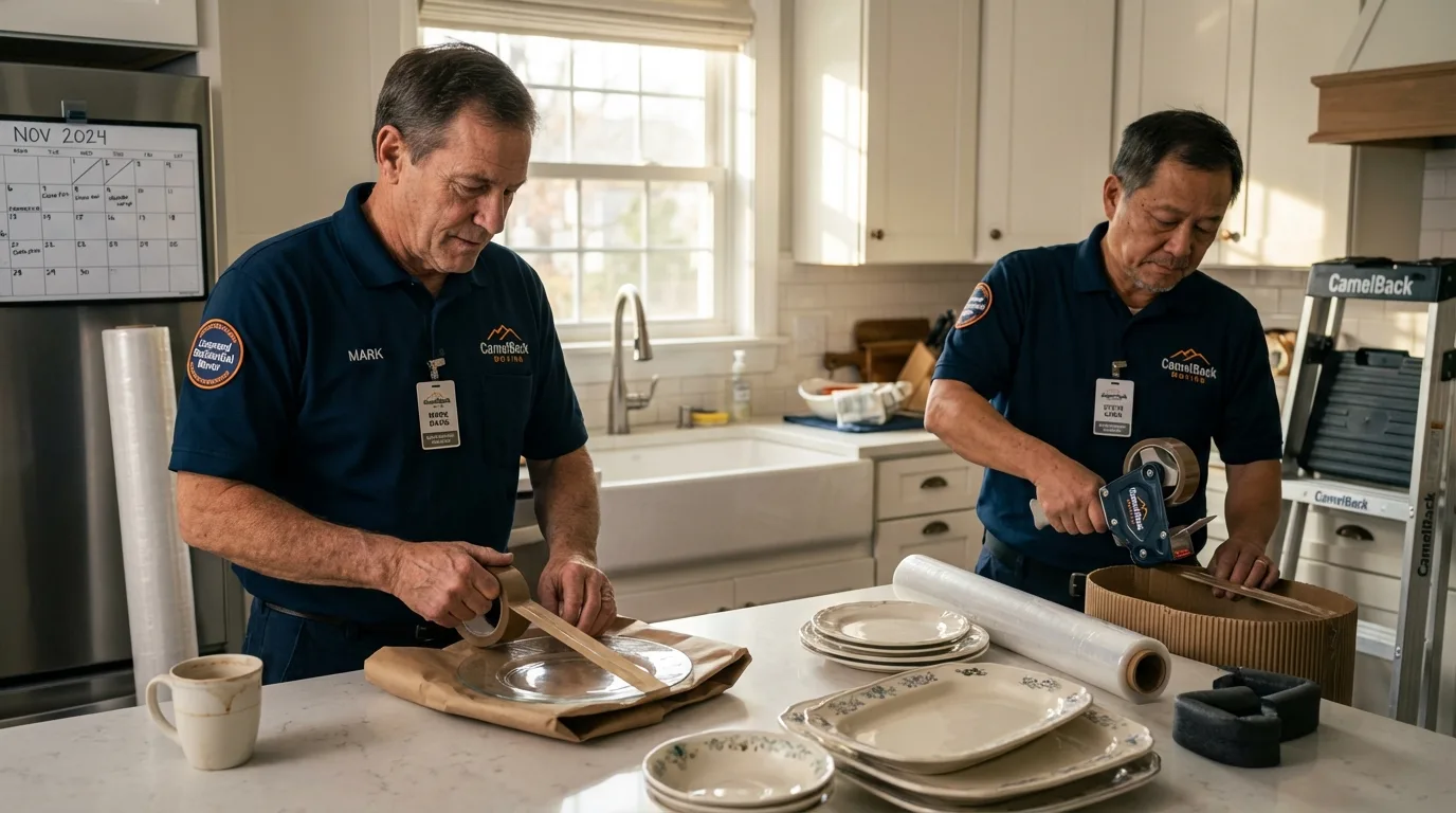 Professional crew packing kitchen dishware in Coto Laurel, PR